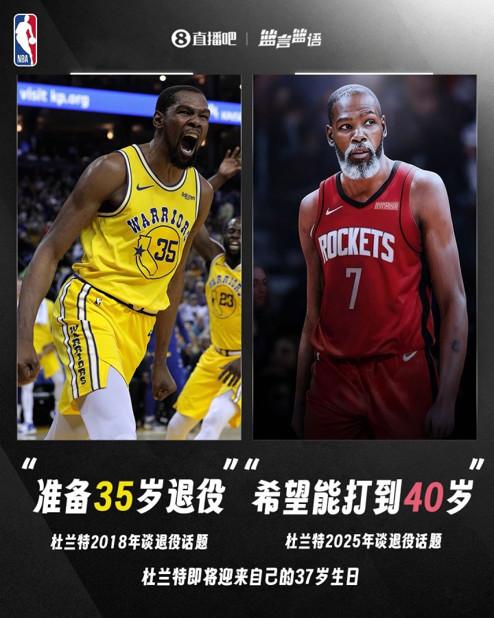 2018年杜蘭特：準(zhǔn)備35歲退役！2025年KD：希望打到40歲??
